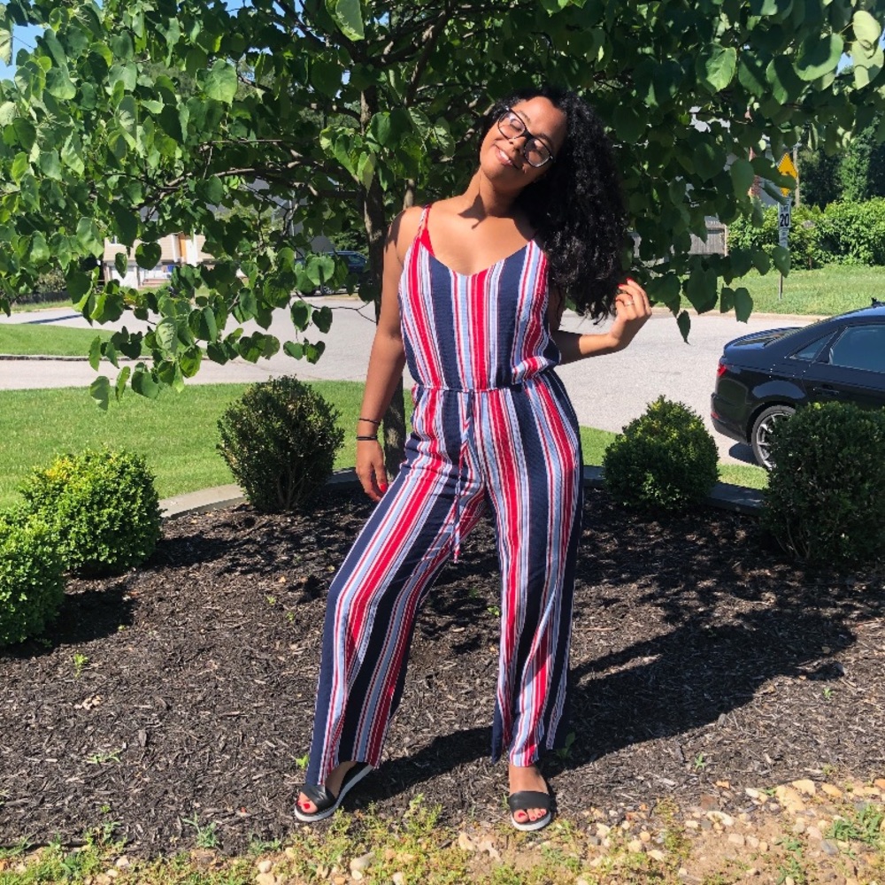 Red white and blue striped jumpsuit.